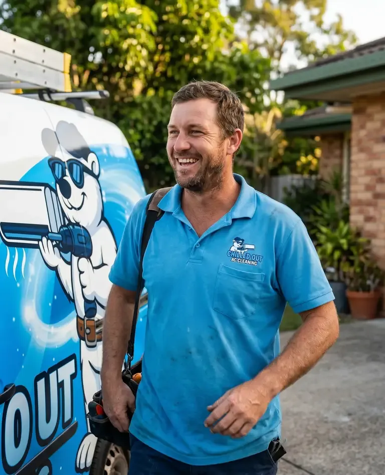 Chilled Out technician sharing a laugh with a customer in a North Queensland front yard